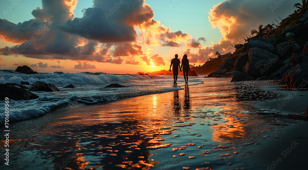  couple walk on the beach at sunset - obrazy, fototapety, plakaty 