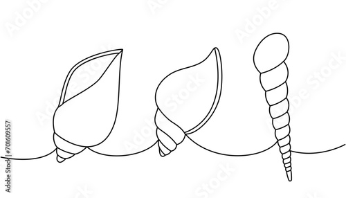Mollusks. Sea shells, mollusks, scallop, pearls. Tropical underwater shells continuous one line illustration. Vector minimalist linear illustration.
