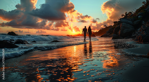  couple walk on the beach at sunset © Kanchana