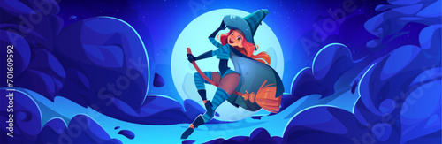 Young woman witch flying on broom in sky at night. Cartoon vector Halloween illustration of cute female smiling character on magic broomstick on background of dark blue sky with clouds and full moon.