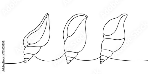 Sea shells. Sea shells, mollusks, scallop, pearls. Tropical underwater shells continuous one line illustration. Vector minimalist linear illustration.