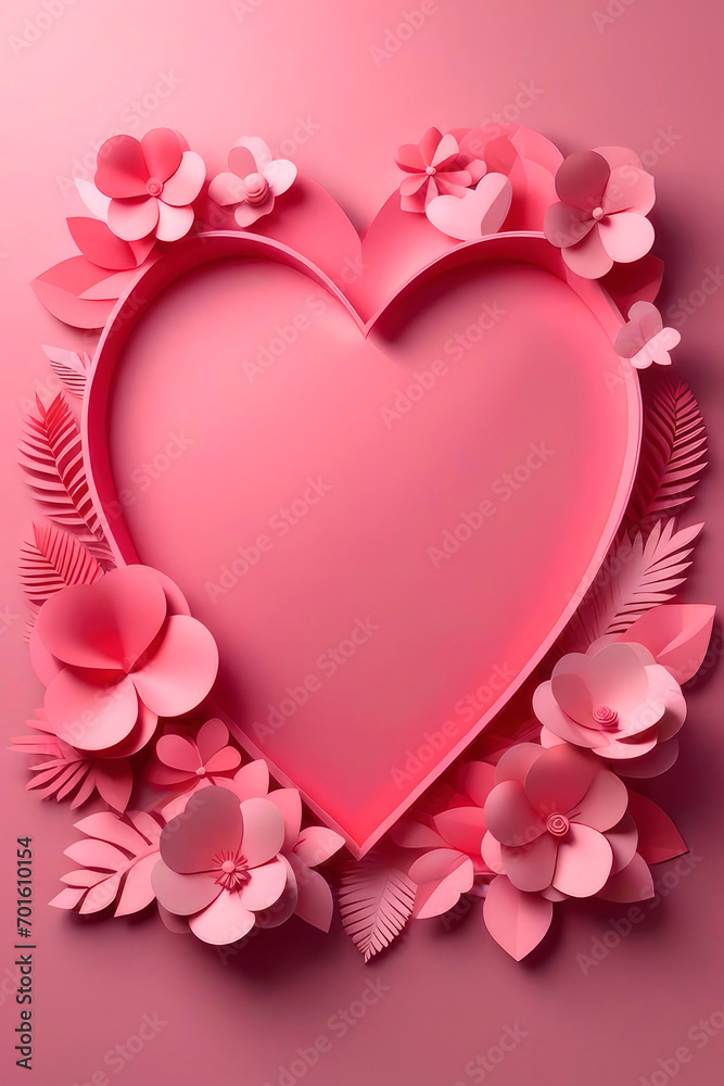 Valentines day greeting card with paper heart and flowers.