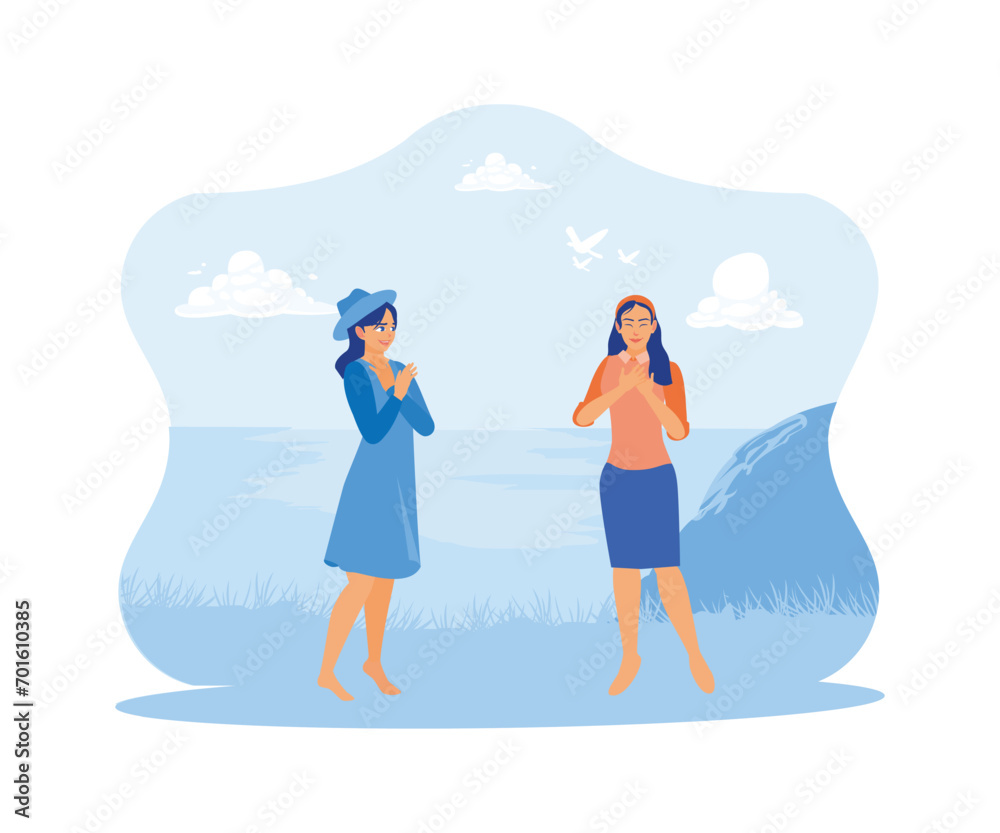 Two happy, smiling young woman standing in the open air. Putting your hand on your chest feels calm in life. Comfortable, quiet, peaceful girl concept. trend modern flat vector illustration