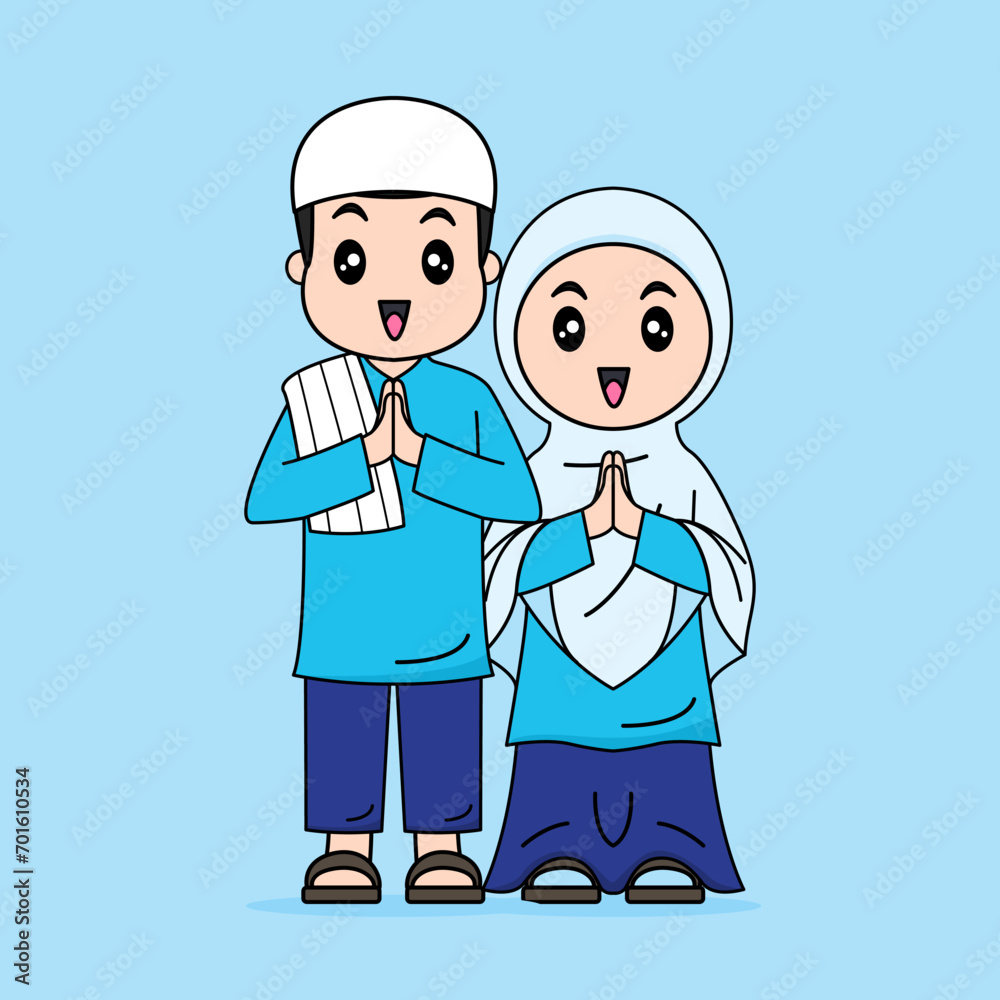 Vector Design of Muslim kids girl and boy, Eid Fitri, Eid Adha, Ramadhan Kareem
