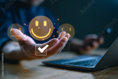 Client or consumer give rating to service experience on online application, Customer review satisfaction feedback survey, evaluate quality of service leading to reputation ranking of business.