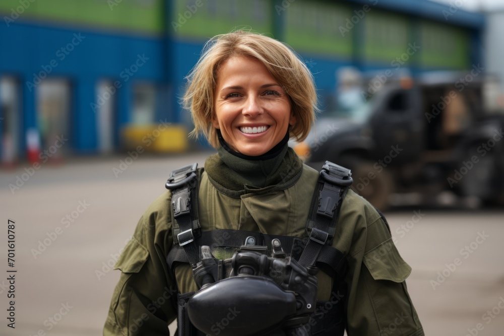 Portrait of a female soldier smiling at the camera in front of a building