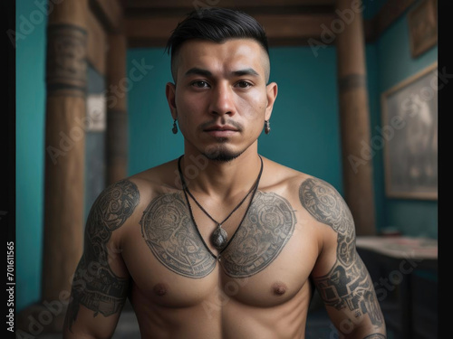 Central Asian Man with Thai Sak Yant tattoos and Buddhist amulets in Unreal Engine lifelike simulation Gen AI