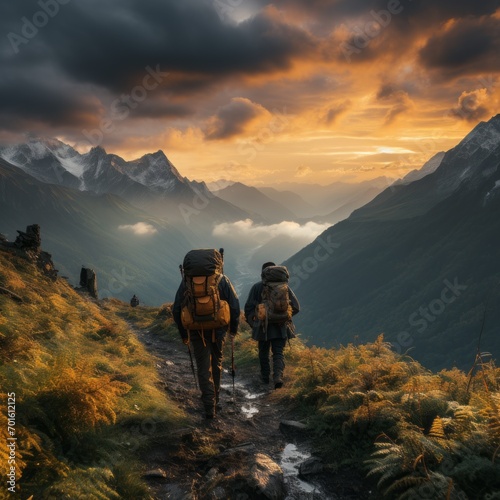 Adventure seekers hike mountain terrain camp outdoors