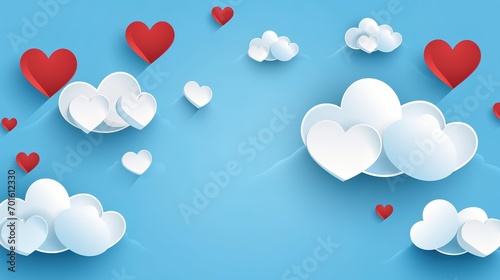 Poster or banner with blue sky and paper cut clouds. Place for text. Happy Valentine's day sale header or voucher template with hanging hearts. Generative Ai