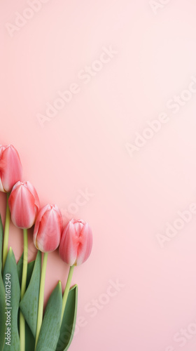 Spring tulip flowers on pink pastel background. Greeting for Women's, Mothers Day or spring sale banner #701612540