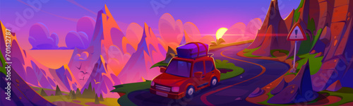 Car driving mountain road at sunset. Vector cartoon illustration of winding highway with warning sign and stones, rocky landscape, green grass and trees in valley, birds flying in pink and purple sky