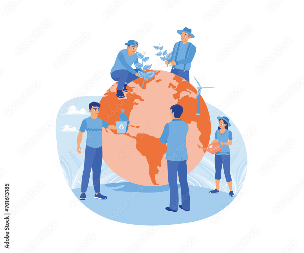 People are around the globe. Save the planet, protect, and care for the environment. I am saving the planet concept. Trend Modern vector flat illustration People are around the globe. Save the planet, protect, and care for the environment. I am saving the planet concept. Trend Modern vector flat illustration