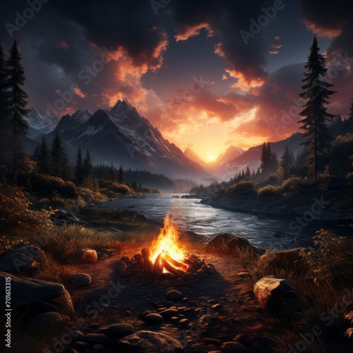 Burning campfire illuminates tranquil mountain landscape at dusk