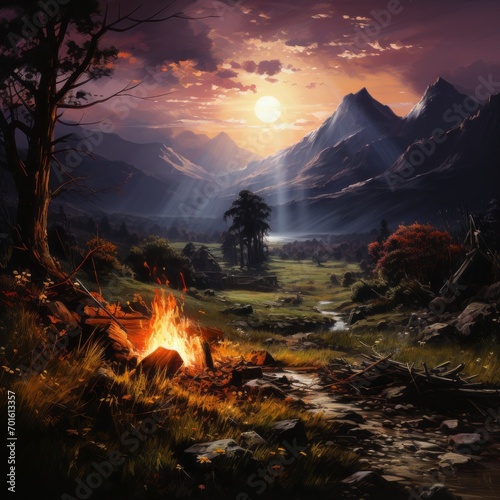 Burning campfire illuminates tranquil mountain landscape at dusk