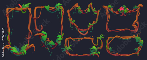 Frames and borders made of liana twisted and tangled branch with green leaves. Cartoon vector rain forest tree stem in rectangular and circular shape. Jungle climbing plant vine for game ui design.