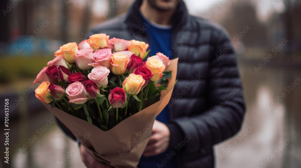 Fototapeta premium Man with beautiful bouquet of roses in his hand on the street