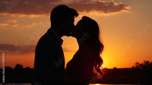 Romantic couple kissing at sunset with vibrant skies. Love and affection.