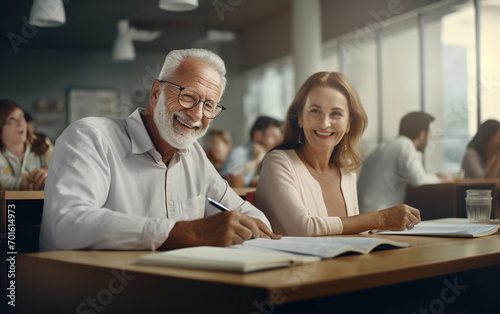 Happy senior couple are studying in modern class interior. Second education. New specialty