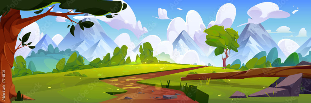 Obraz premium Winding path in meadows with green grass, trees and bushes leading to rocky mountains. Summer natural landscape with hills and field, trail and blue sky with clouds. Cartoon vector illustration.