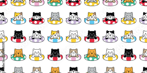 cat seamless pattern swimming pool ring inflatable kitten calico munchkin neko vector cartoon pet sea beach doodle gift wrapping paper illustration tile background repeat wallpaper isolated design