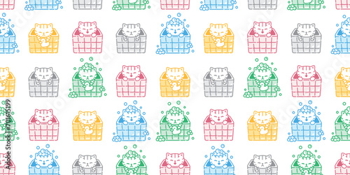 cat seamless pattern shower bathroom bathtub soap bubble kitten calico munchkin neko vector cartoon pet sticker doodle gift wrapping paper repeat wallpaper tile background illustration isolated design
