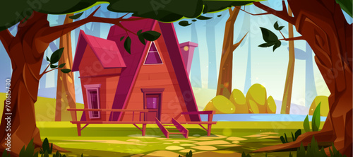 Wooden house with door and windows standing on lodge in forest on shore of lake. Cartoon summer landscape with little shack or hut made of wood for country recreation or camping. Fairytale cottage.