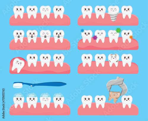 Removal, cleaning, implantation, braces, teeth alignment, wisdom. Vector illustration in cartoon style. Kawaii mascot collection for medical apps, websites and hospital. Healthy teeth. Oral health.