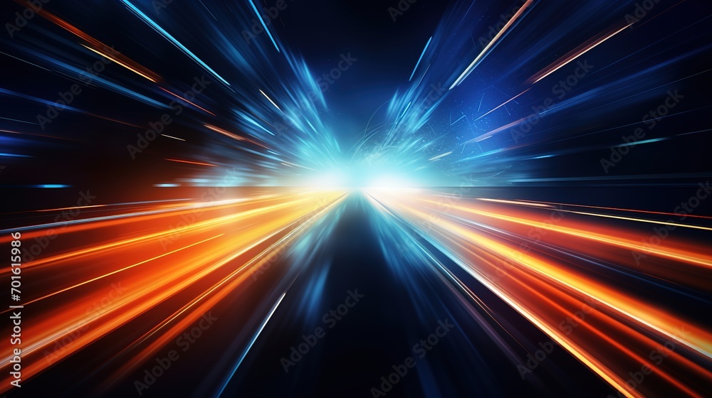 Speed motion on the neon glowing road at dark. Speed motion on the road. Colored light streaks acceleration. Abstract illustration. Blue and Orange Yellow motion streaks. Space gates. Generative Ai