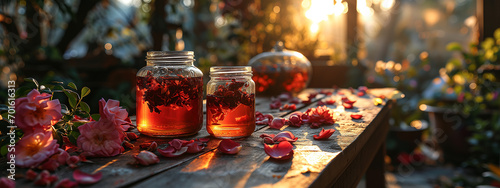 Close-up of tea rose petals with jam photo