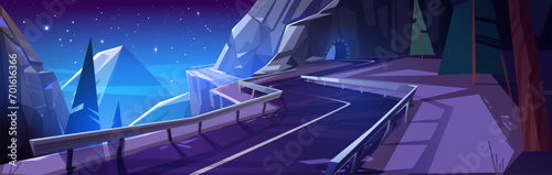 Winding mountain road at night. Vector cartoon illustration of dark rocky landscape with fir trees in valley, cliff tunnel arch, dangerous curvy highway, bright stars shimmering in midnight sky