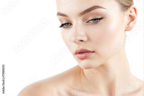 Beauty Model with Perfect Fresh Skin and Long Eyelashes. Youth and Skin Care Concept. Spa and Wellness. Make up and Hair. Lashes. Close up, selected focus