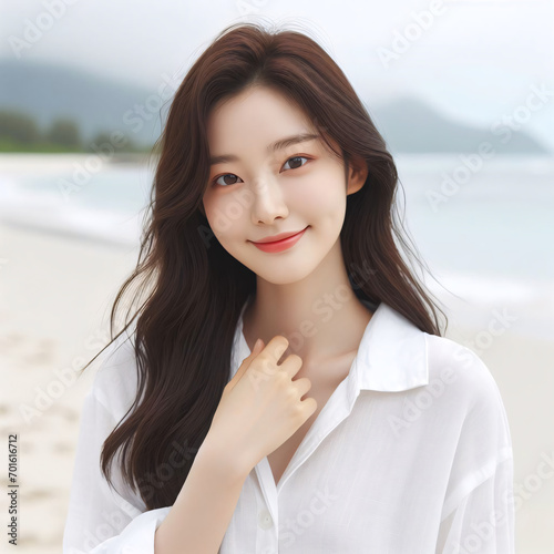 A beautiful Asian woman with a white shirt