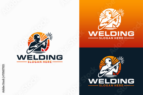 Welder with welding machine in hand symbol