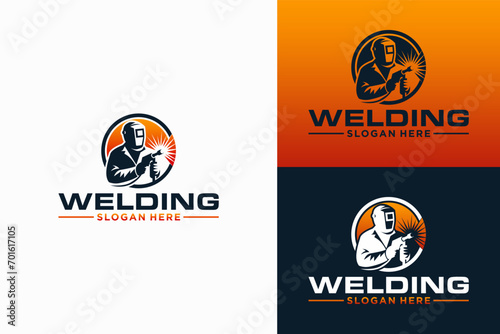 Welder with welding machine in hand symbol
