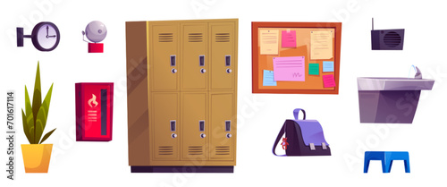 School hallway and corridor cartoon interior elements set - lockers with closed doors, water flow in sink, noticeboard with bulletins and announcements, bell and wall clock, speaker and plant in pot.