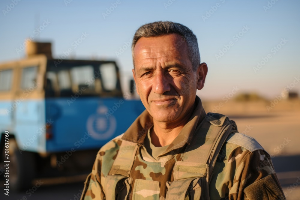 Portrait of mature man in military uniform looking at camera outdoors.