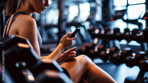 woman using smartphone in gym