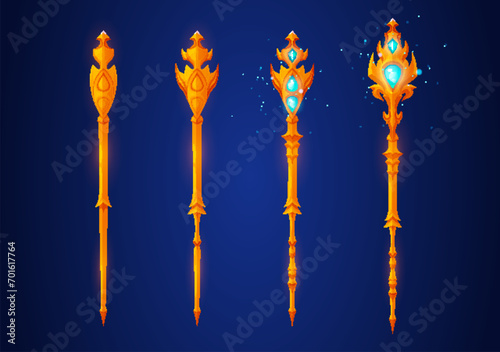 Game rank wizard staffs set isolated on background. Vector cartoon illustration of golden magic power sticks decorated with blue gemstone crystals, sparkling shimmering particles, level progress icon