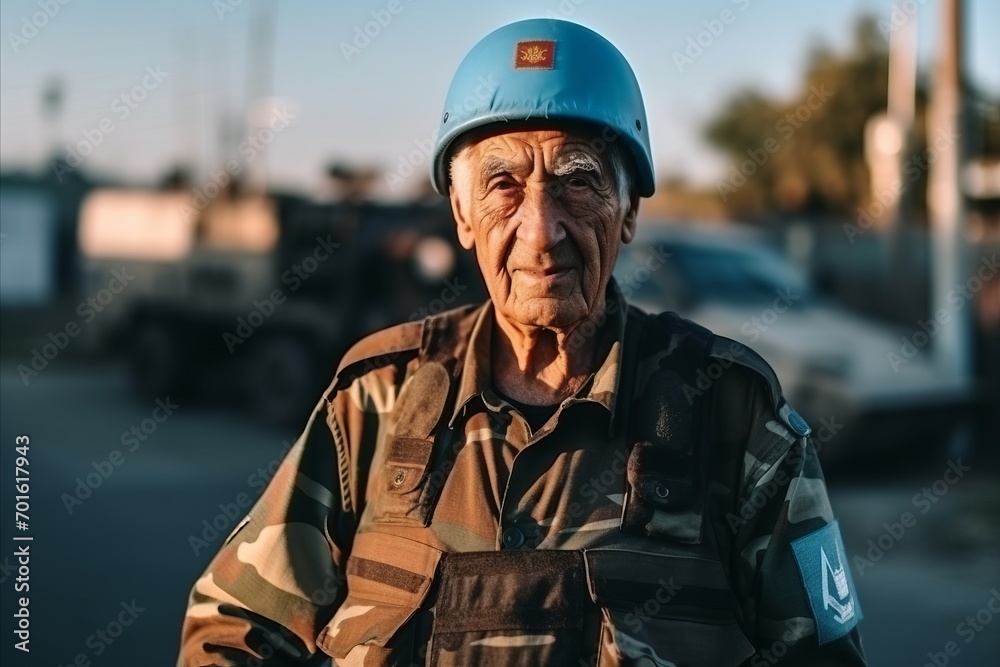 Portrait of an elderly soldier on the streets of the city.