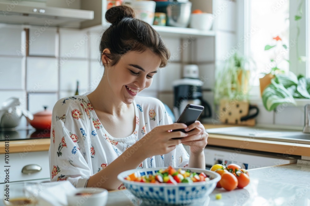Woman looking at smartphone while cooking and eating in a bright and modern kitchen setting