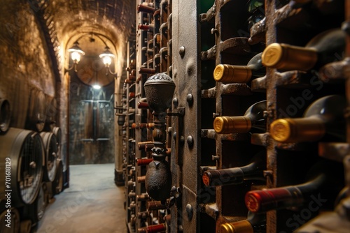 A wine cellar with rows of aged wine bottles stored on rustic wooden racks