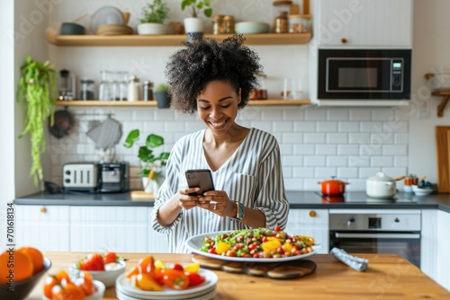 A woman holding a smartphone at kitchen standing in front of a countertop filled with fresh vegetables and fruits