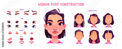 Female face constructor set for game avatar. Vector cartoon illustration of young caucasian woman head, eyebrows, eyes, nose, mouth, brunette hairstyles collection isolated on white background