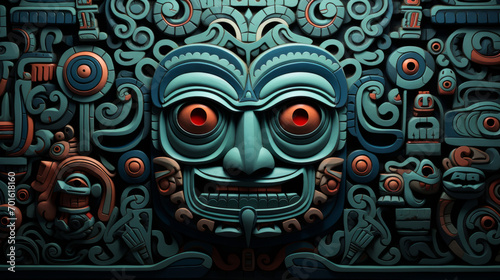 Maya ancient civilization background. Mayan tribal pattern with a totem face in the center of the image.