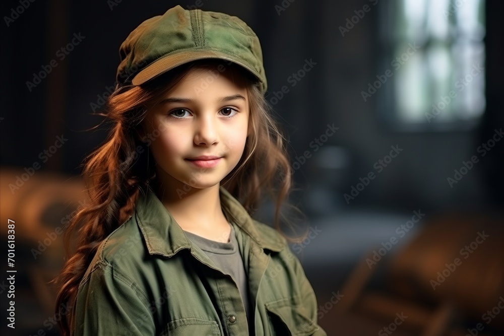 Portrait of a cute little girl in a military uniform. Studio shot. Portrait of a cute little girl in a military uniform. Studio shot.