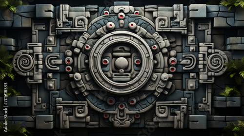 Maya ancient civilization background. Mayan tribal pattern with a totem face in the center of the image. photo