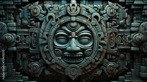 Maya ancient civilization background. Mayan tribal pattern with a totem face in the center of the image. photo