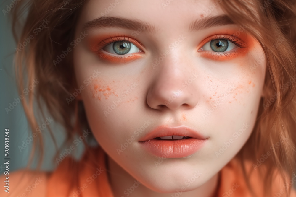 custom made wallpaper toronto digitalBeauty Young Girl with Peach Creative Make-up. Beautiful Woman Face. Peach fuzz palette colors. Colour trend 2024. Pantone Peach Fuzz 13-1023