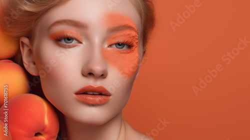 Beautiful young woman with fresh peaches on orange background. Beauty girl face with bright creative make up. Peach fuzz palette colors concept. Colour trend 2024. Pantone Peach Fuzz 13-1023