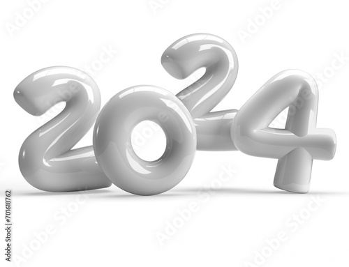 2024 balloons., 2024 white balloons isolated over clear background. 3D rendering.,Object render 3d ballon with ribbon.